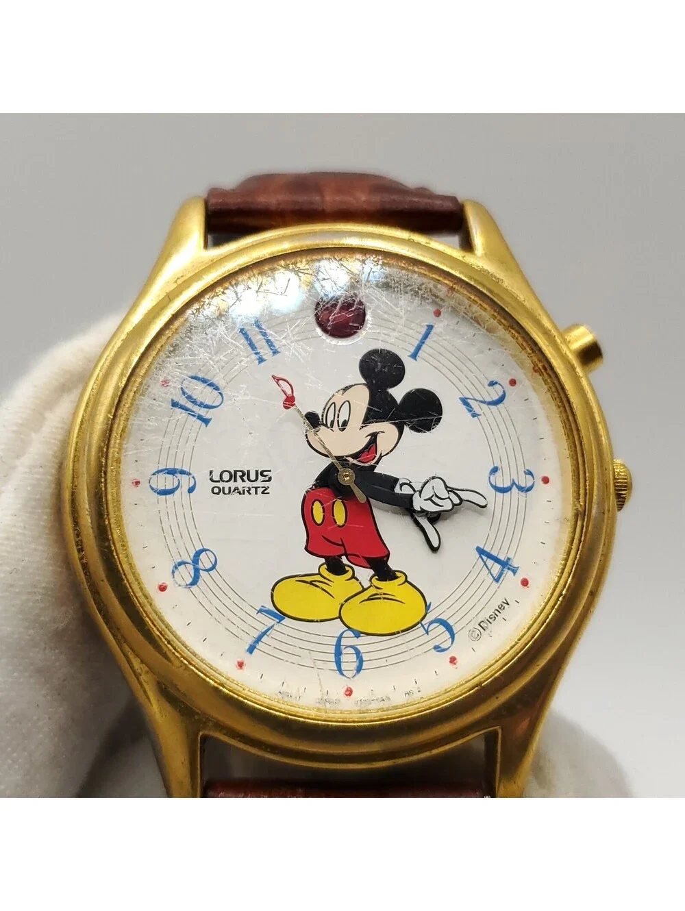 Vintage Lorus Mens Watch 36mm Mickey Mouse Musical Leather V52F-0A10 New Battery